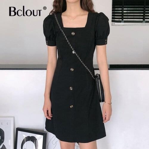 Bclout Vintage Black Single-Breasted Shirt Dress Puff Sleeve Mini Dress Streetwear Women Dresses 2021 Square Collar Vestido New