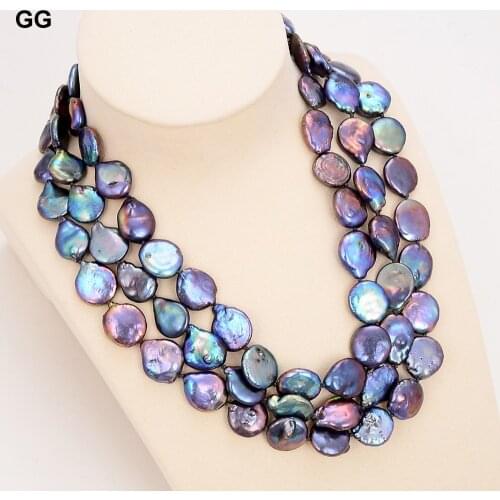 GuaiGuai Jewelry 3 Rows Natural 13MM Black Coin Keshi Pearl Necklace For Women