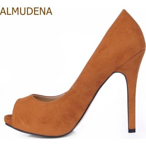 Suede Solid Peep Toe Thin High Heel Shoes Brown Pink Simple Comfortable Dress Banquet Basic Pumps