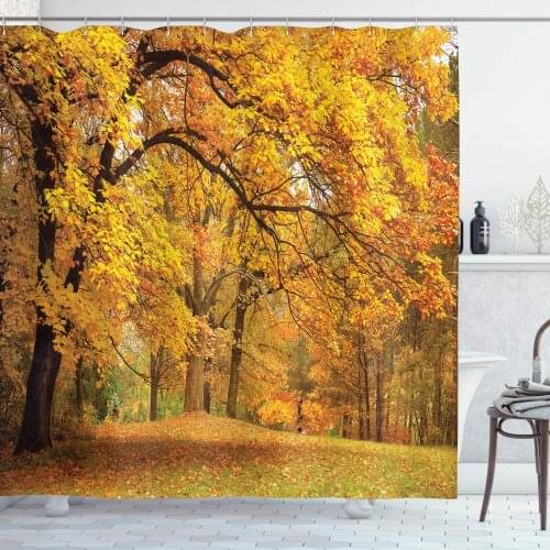 Orange Brown Forest Shower Curtain Warm Fall Scenery Pale Maple Leaves The Forest November Season Woodlands Bathroom Curtain