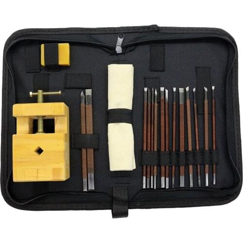 18 Pcs/set Stone Carving Knife Tool Set Manganese Steel Flat&Oblique Knife Woodworking Tools Clamp Bed for Carving Enthusiasts