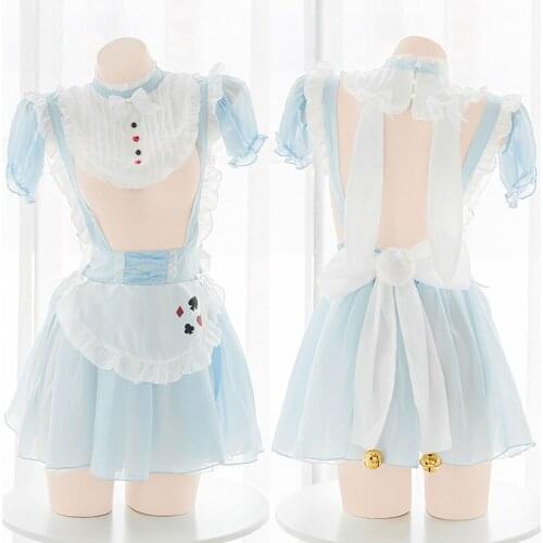 Womens Sweet Alice Hollow out Blue Uniform Maid Bells Decoration Apparel Lolita Bow-knot Sexy Dress Cosplay Reality Show Mori
