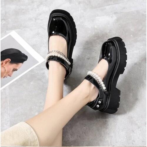 Pearl Leather Shoes Women Flats Platform Shoes Spring Patent Leather Retro British Thick Bottom Japanese Lolita Mary Jane Shoes