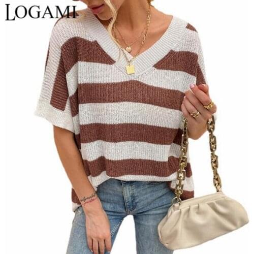 LOGAMI V-neck Striped Short-sleeved Sweater Women Summer Autumn Casual Pullover Loose Jumpers