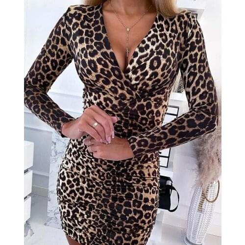 Elegant Leopard Print Folds Sexy V Neck Long Sleeve Short Women Dress Fashion Slim Bodycon Party Dresses Autumn 2021