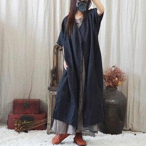 Women String Robes Trench Coat outwear Solid Color Vintage Retro Coat Overcoat Loose One handmade Button