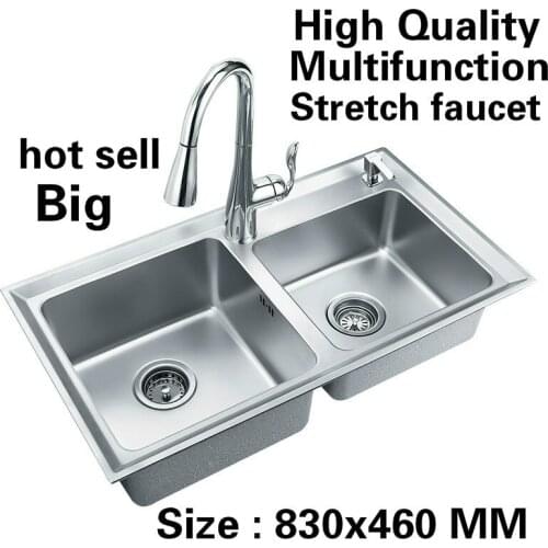 Free shipping Apartment wash vegetables multifunction stretch faucet kitchen double groove sink 304 stainless steel 83x46 CM
