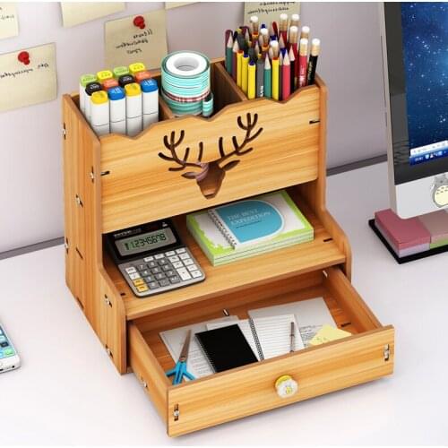 Wooden Pen Organizer Multi-Functional DIY Pen Holder Art Supply Organizer Easy Assembly Desktop Stationary Storage With Drawer