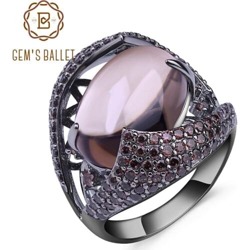 GEMS BALLET Natural Smoky Quartz Gemstone Cocktail Ring 925 Sterling Sliver Vintage Gothic Rings For Women Gift Party Jewelry