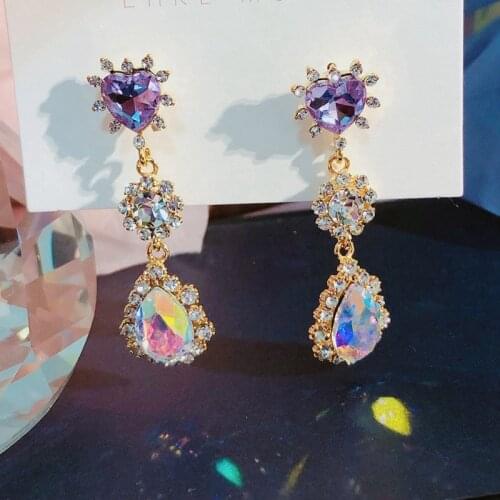 Korean TV Star Shiny Purple Heart Waterdrop Crystal Earrings For Women Party Fashion Luxury Pendientes Jewelry