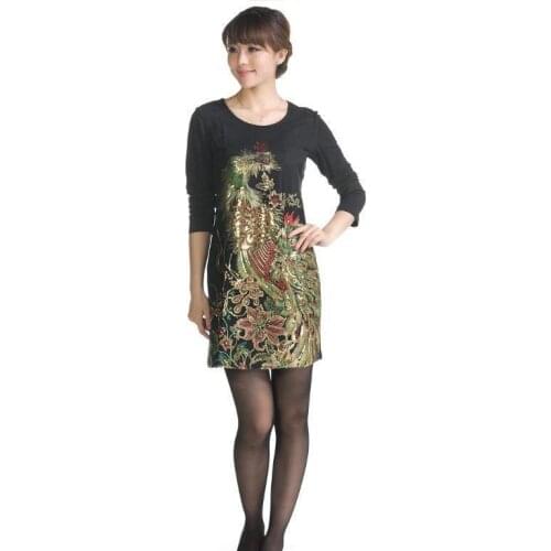 Red/Black Size:M,L,XL,XXL,3XL,4XL Phoenix Embroidery Slim plus size vintage long-sleeve dress women clothing women dress