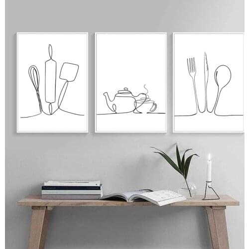 Kitchen Utensils Tableware Black White Line Pattern Abstract Wall Art Canvas Painting Nordic Posters Prints Picture Decoration