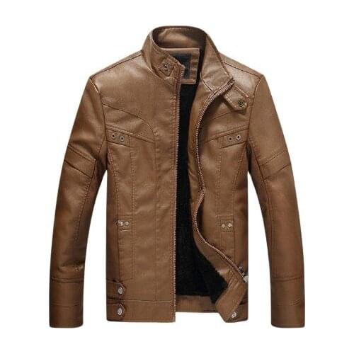 High quality PU leather jackets Autumn Stand Collar Vintage motorcycle leather jacket fashion Men leather jackets coats Khaki