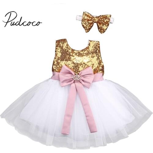 2019 Brand New Kids Girls Formal Party Dress Sequins Lace Princess Party Ball Gown Crown Bowknot Chiffon Dress +Headband 0-10T