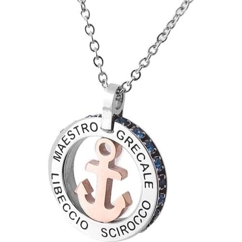 Runda Fashion MenS Stainless Steel Pendant Necklace Blue Crystal Stone With Rose Gold Anchor Jewelry MenS Holiday Gift