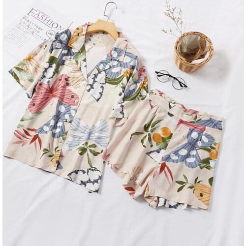 Sexy V-neck Pajamas Women Summer New Ice Silk Thin Short Sleeve Shorts Sleepwear Cute Floral Butterfly Print Homewear Suit