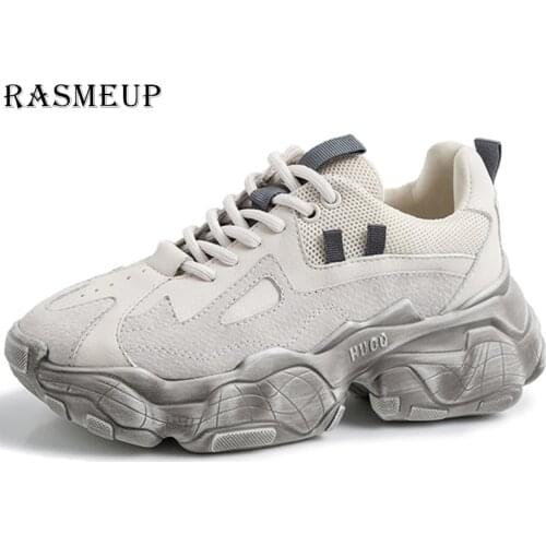 RASMEUP Plus Size 41 42 43 Genuine Leather Fashion Womens Chunky Sneakers 2021 Women Platform Trainers Casual Woman Shoes