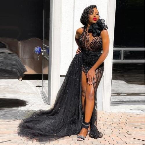 Sexy Black See Through Mermaid Prom Dresses High Side Split Cocktail Dress Appliques Sequinied Plus Sizer Aso Ebi Evening Gowns