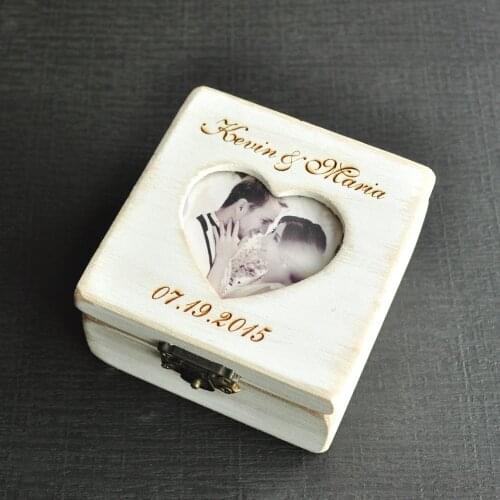 Personalized Wedding Ring Box,Engraved Names and Date Ring Bearer Box,Heart shape Photo Wedding Ring Box,Wedding Ring Pillow