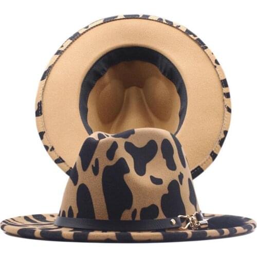 Fashion Wide Brim Cows Pattern Fedora Hat For Women Wool Felt Hat For Men Autumn Winter Panama Jazz Cap