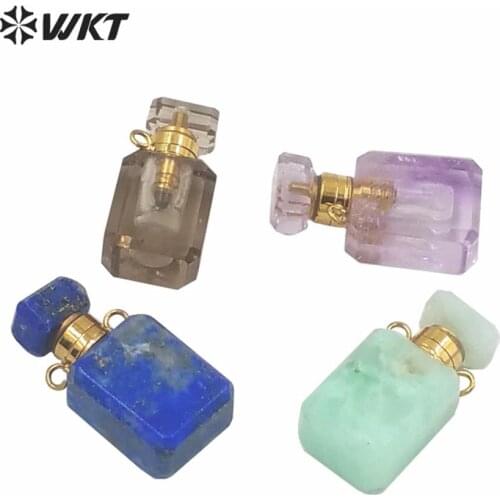 WT-P1573 New Design Luxury rectangle stone perfume bottle pendant gold color wire wrapped double point essence oil stone pendant
