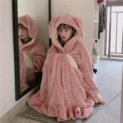 SOUGEN Womens Home Clothes Flannel Sleepwear Rabbit Ears Hooded Lounge Ruffle Hem Women Nightgown Pink Pajamas Winter Thick