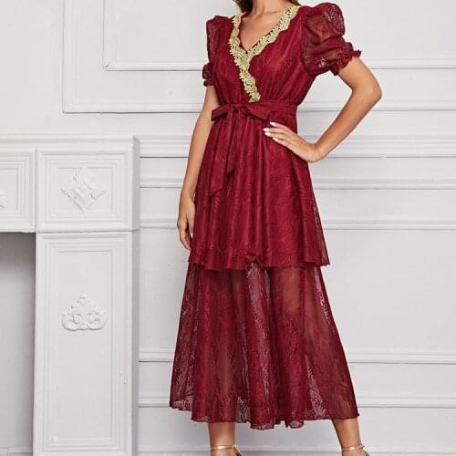 Womens French Retro Lace Embroidery Skirt European Aristocratic Ladies Long Waist Waist Temperament Red Lace Dress