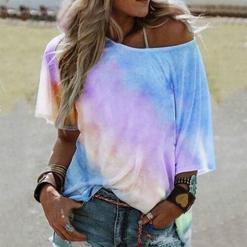 Womens Tie-Dye Camo Blouse Multicolor Fashion Casual Tee Gradient Rainbow O-Neck Half Sleeve Shirt Plus Size Female Shirt