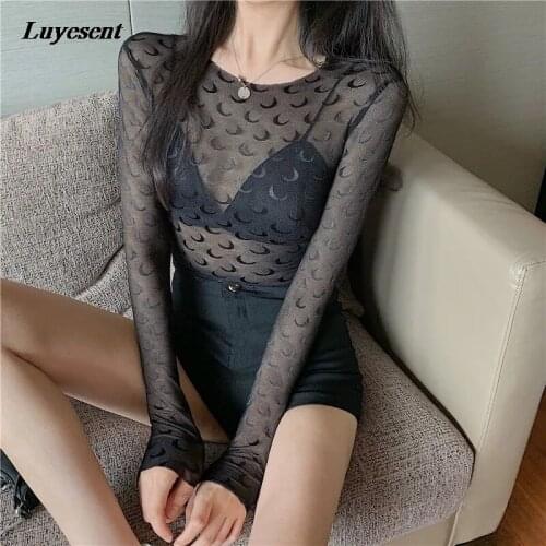 Women Crescent Gothic Black White T Shirt 2021 Lady Transparent O Neck Long Sleeve Basic Streetwear Thin Sexy Harajuku Slim Top