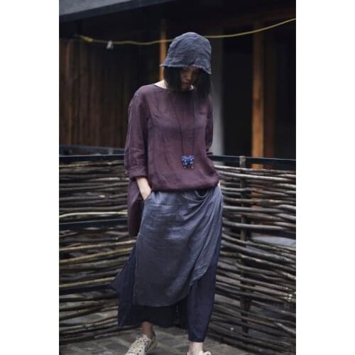 Women Spring Autumn Ramie Tops Ladies Vintage Ramie Blouse Shirt Female 2021 Simple Irregular Length Shirts