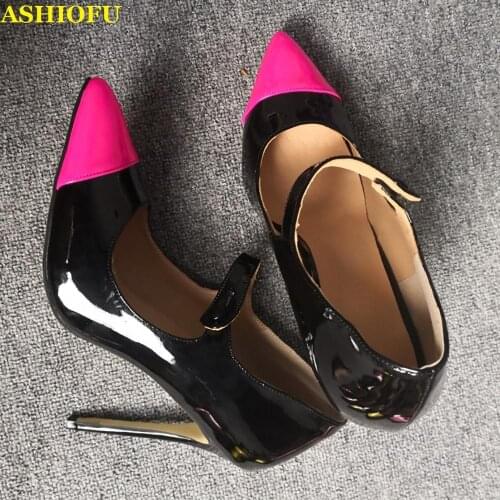 ASHIOFU Handmade Ladies Stiletto Heel Pumps Patent Leather Party Dress Shoes Rose-toe Sexy Real Photos Fashion Pumps Court Shoes