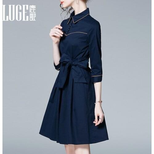 2021 autumn new style three-quarter sleeve bow tie tie waist slimming navy blue shirt dress lady