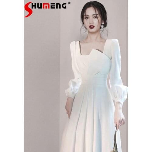 2021 Summer and Autumn Clothes New Womens Long Sleeve Square Collar Puff Sleeve Irregular Swing Dress Gentle Lady Dress