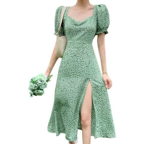 Summer New Korean Style Retro Square Neck Dress Floral Split Design Puff Sleeve Tighten Waist Vestidos