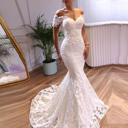 WUZHIYI Princess Mermaid Wedding Dress Boho Lace Appliques Off Shoulder V Neck Beaded Bridal Gowns Robe De Mariage Boho Dresses