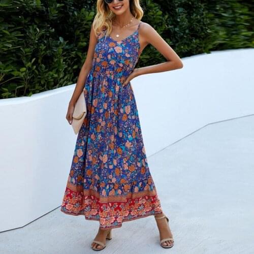 2021 New Casual Long Print Women Dress Summer Sexy V-neck Holiday Style Elegant High Waist Ladies Beach Dress Vestidos A292