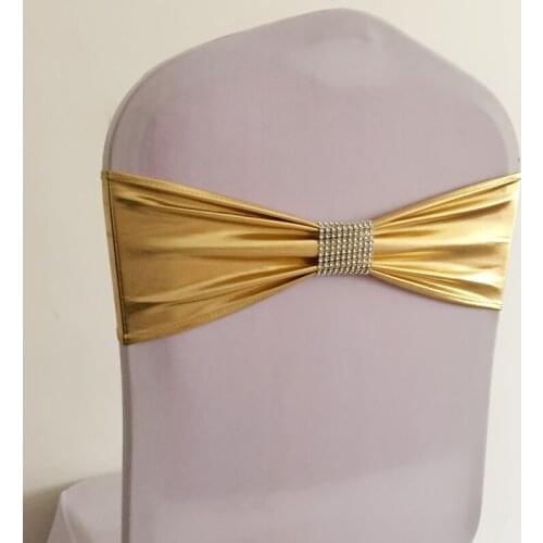 50pcs Metallic Gold Silver Spandex Wedding Chair Sash Bands Lycra Stretch Chair Bow Ties With Mesh Diamond Buckle