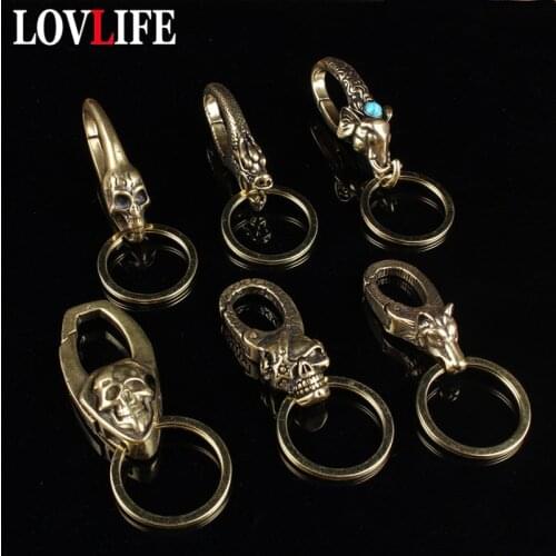 Pure Brass Skull Keychain Dragon Head Key Chain Elephant Keyrings Copper Animal Skeleton Spring Hook Key Ring Handmade Accessory