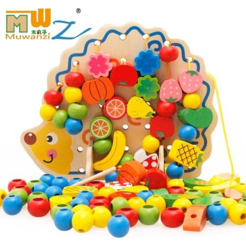 Wooden Balls/Beads Threading Children Puzzle Early Childhood Toys Wooden Building Blocks Hedgehog Fruit String of Music kids