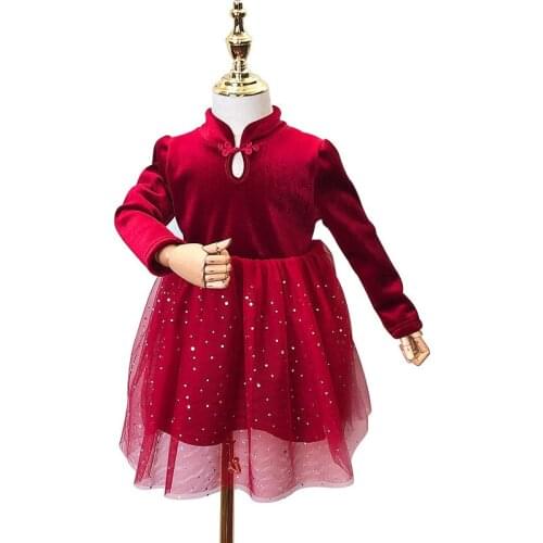 Children Dress 2019 Winter Long Sleeve Cheongsam Collar Plus Velvet Thicken Starry Sky Mesh Princess Dress 2-8Yrs Girls Clothes