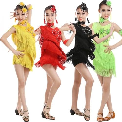 Kids Sequins Tassels Competition Dance Latin Dress Girls Gymnastics Practice Party Dancing Dress Stage Wear Dancewear Costumes