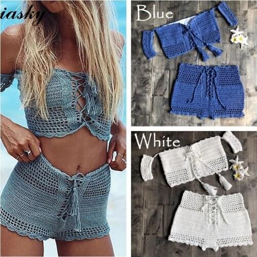 IASKY 2018 New crochet off shoulder women Bikini sets Sexy High Waist Bikini Swimwear Swimsuit Beach wear Bathing Suits For Wome