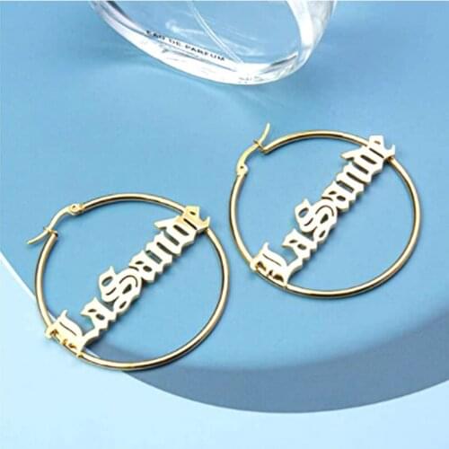 Customized Jewelry Gothic Old English Name Earring Personalized Letters Small and Big Hoop Earrings Women Rose Gold Accessories