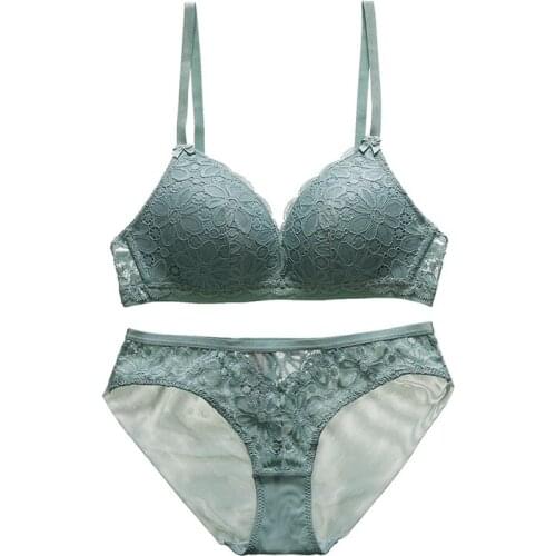 Fashion Sexy Thin Lace No Steel Ring Cotton Cup Bow Gathered Bra + Underwear Set lingerie set