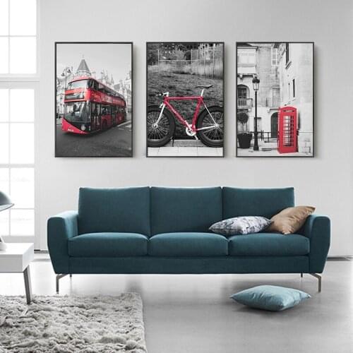 Red Style Bus Black and white European Scenery Picture Wall Art Canvas Painting Posters and Prints for Living Room Home Decor