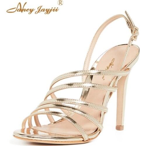 Women shoes Adult Ladies sandals Paten Leather Golden Gladiatior Super high Thin heels Solid Buckle Novelty Party Mature 2019