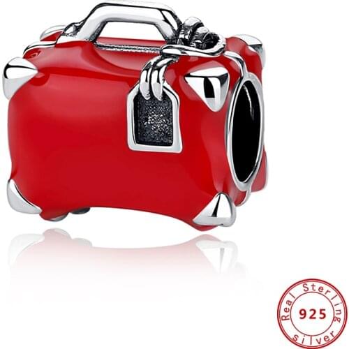 New Original 925 Sterling Silver Beads Travel Suitcase Charm Red Enamel Fit Pandora Bracelets Women DIY Jewelry Dropship