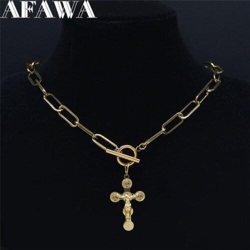 Stainless Steel Cross Jesus Necklace Choker Gold Color Catholic Small Statement Necklace Jewelry acero inoxidable N6018S01