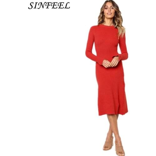 SINFEEL Women Dress Ladies Autumn Spring Elegant Long Sleeve Black Red Casual Party Dress Slim Fit Sheath Bodycon Knitted Dress