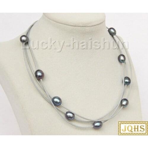 Adjustable 40cm-45cm 3row black pearls gray leather necklace 18KGP clasp j9905